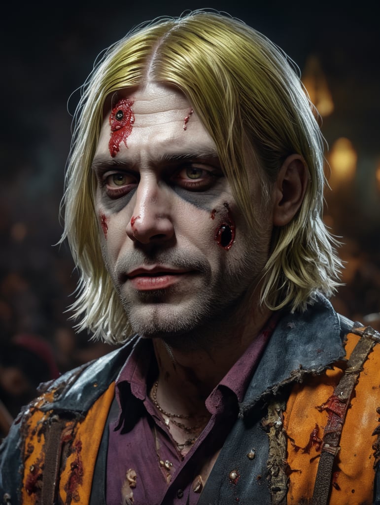 Kurt Cobain as a zombie, wearing creepy and spooky Halloween costumes, Vivid saturated colors, Contrast color