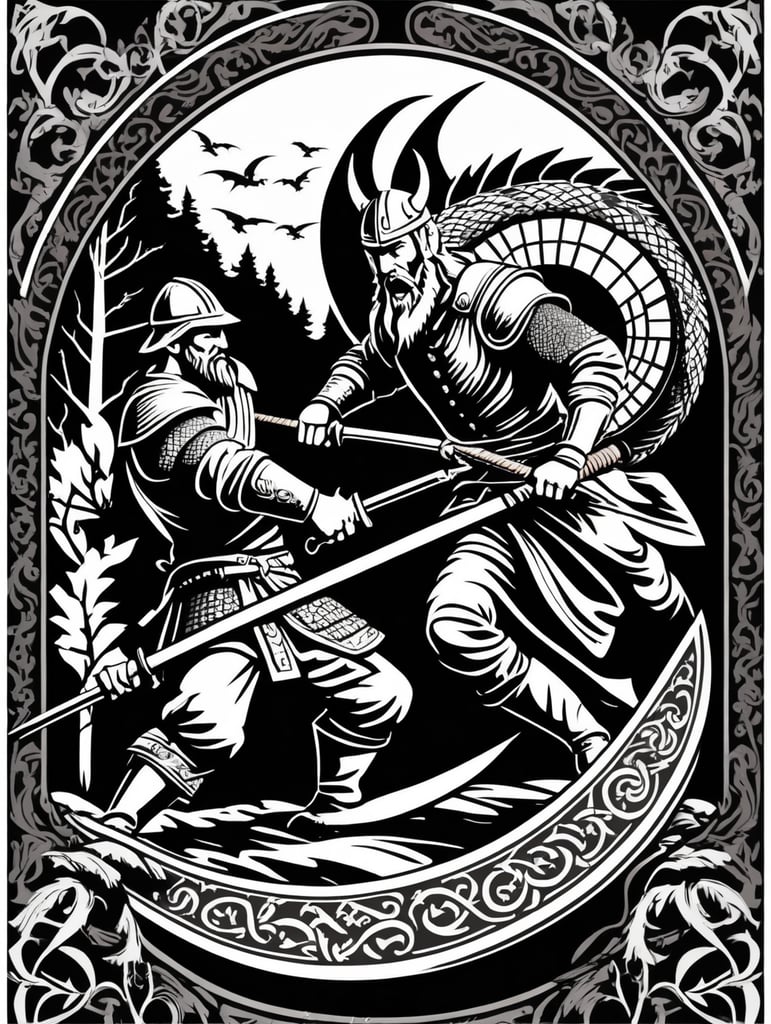 Peasant and dragon combat, wood cutting style, vector graphics, viking era, bevel with rune