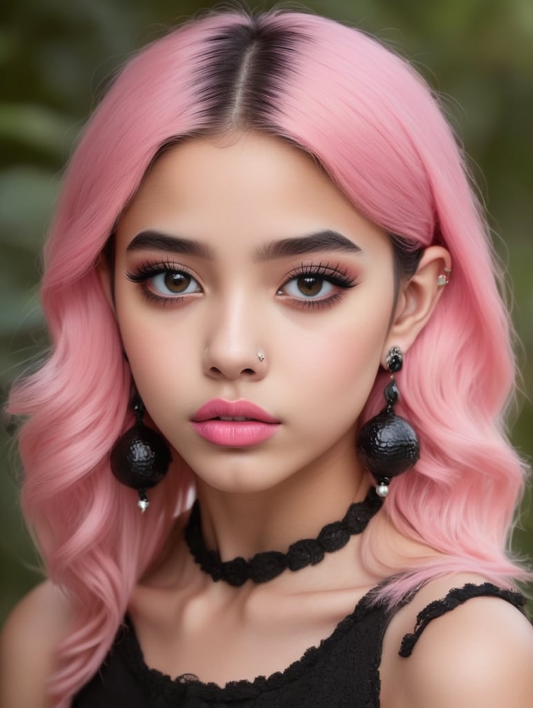Mexican girl teenager big pink lips wears pink black hair black eyes frog earing