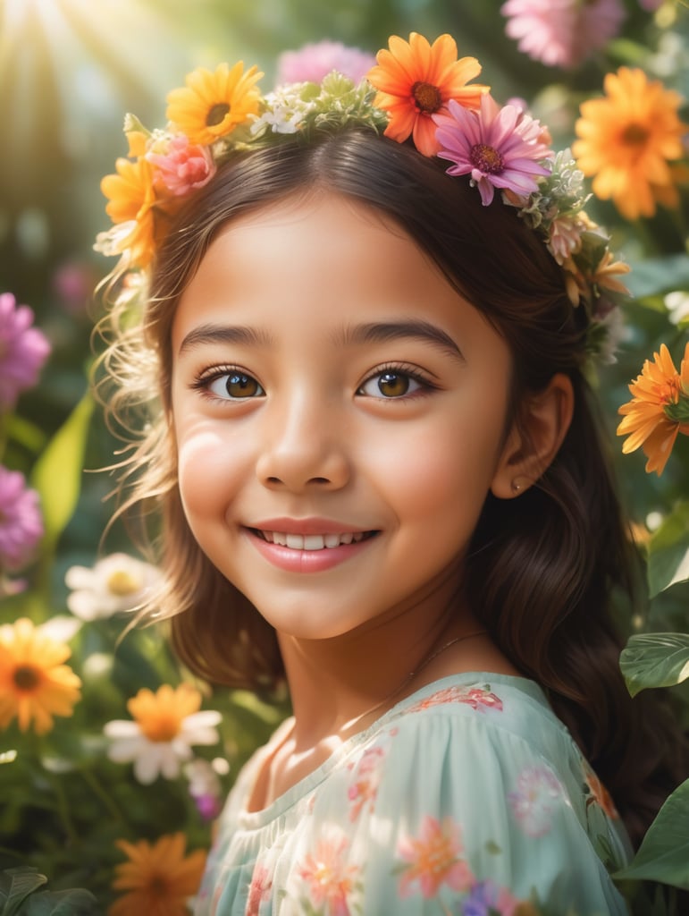 In a whimsical garden, a young girl stands with one side of her lip turned up in a playful smirk. She delicately covers part of her face with a colorful flower, its petals vibrant and radiant against her skin. The sunlight filters through the foliage, casting a warm glow upon her expression, which is filled with mischief and charm. Behind her, lush greenery and blooming flowers create a magical backdrop, adding to the enchantment of the scene