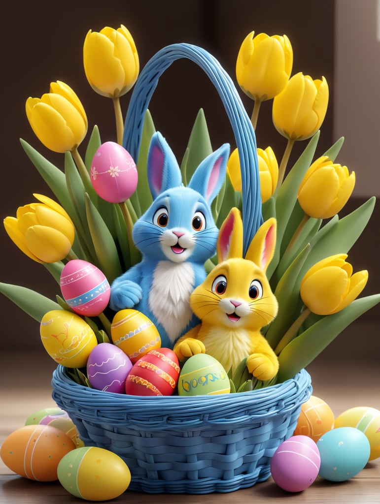 basket with colorful easter eggs and yellow tulips bouquet