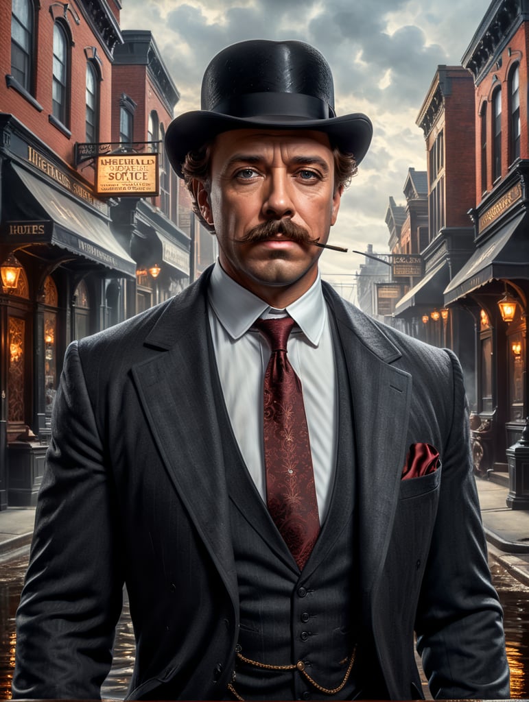 Explore the duality of H.H. Holmes as he dons a sharp suit and expertly sells insurance, all while his hidden malevolence lurks just beneath the surface. Use your creative vision to capture the contrast between his charming facade and his true nature."
