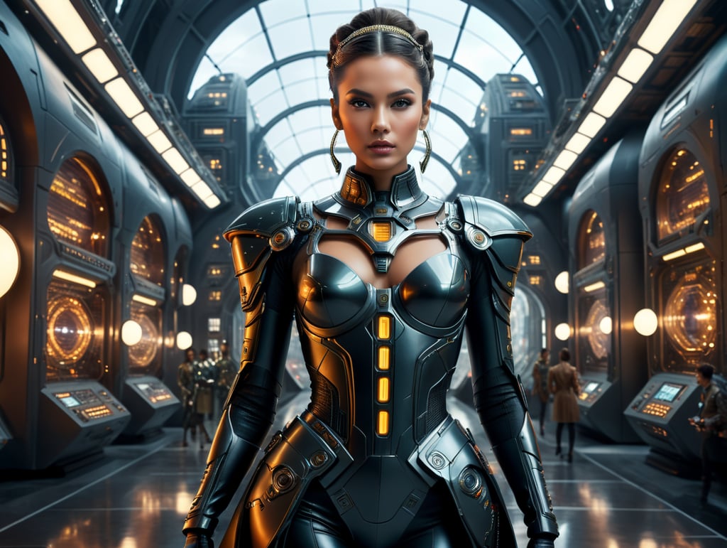 Haute couture fashion model, in the style of wes anderson in front of futuristic building, with computer layouts