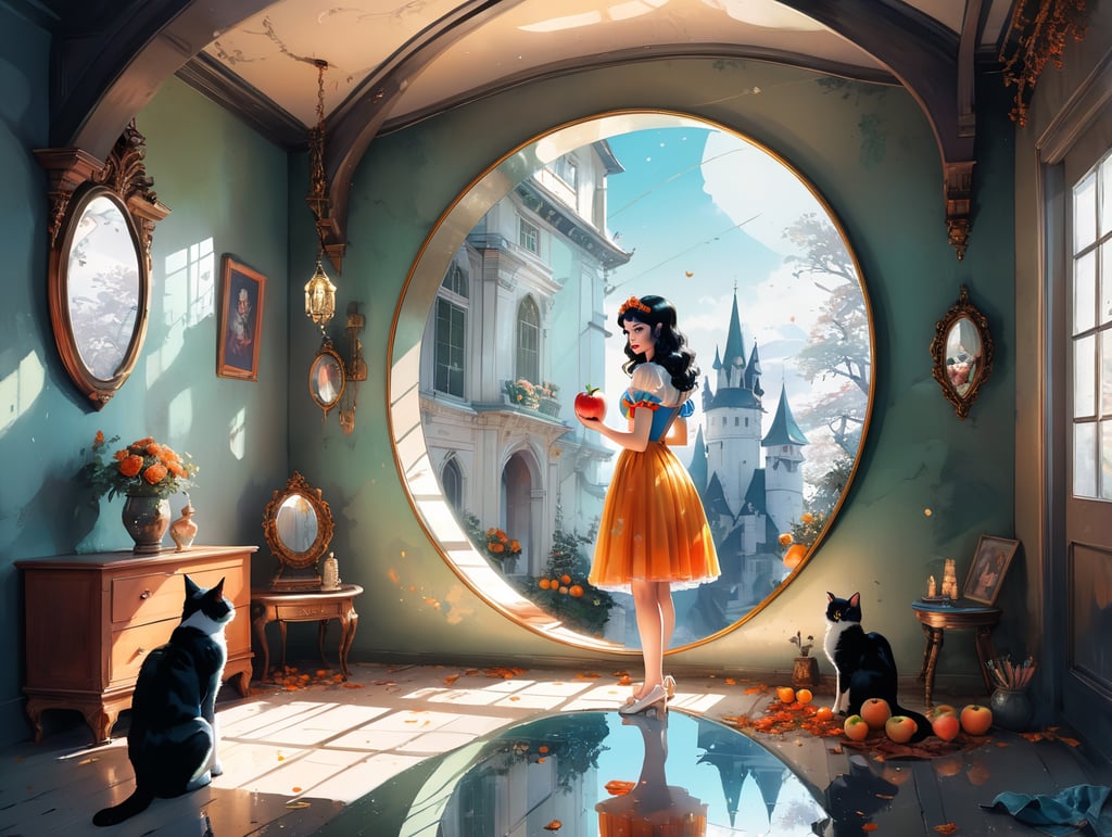Комната под крышей винтаж Цветок отражается в зеркале.стоит колдунья внутри зеркала и принцесса Белоснежка с яблоком в руке. Кот