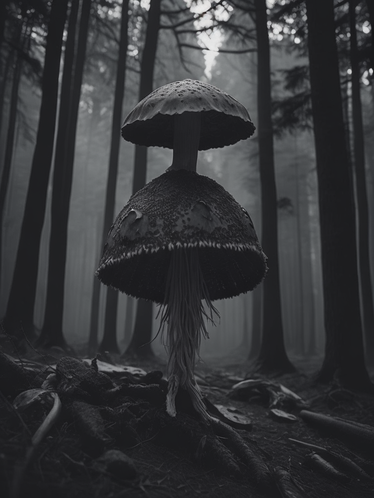 mushroom monster, black and white illustration, horror style, forest on the background, no blur, sharp focus, cinematic lighting, epic scene