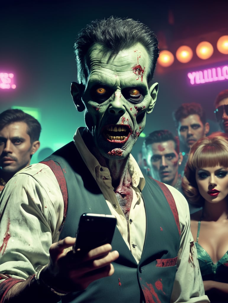 vintage movie cinematic still of a zombie wearing nightclub hip clothing, using an iPhone, in the style of 1990's party club flyers