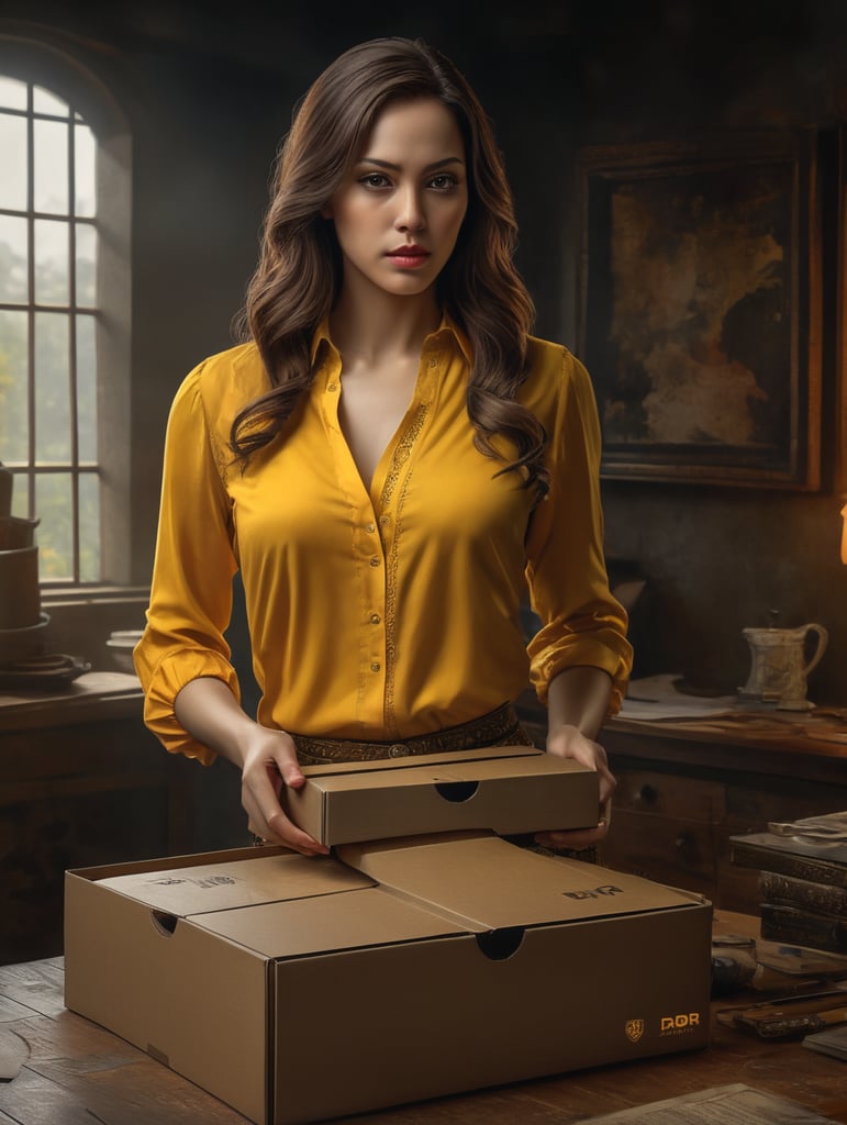 woman in yellow blouse shows a box