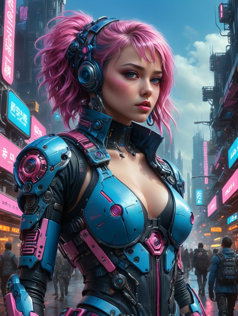 Beautiful girl in a cyber punk city, pink and blue