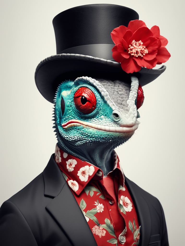 A chameleon wearing a red floral print shirt, black jacket, and red hat.