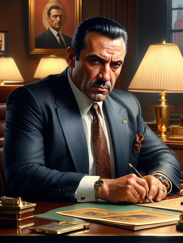 beautiful oil matte portrait painting, mafia boss at his 50s new york office desk, wonderful masterpiece highly detailed, beautiful cinematic light deep focus, elegant, digital painting, smooth, sharp focus, golden ratio, dramatic illumination, ultra realistic, 8k, art by jimmy law