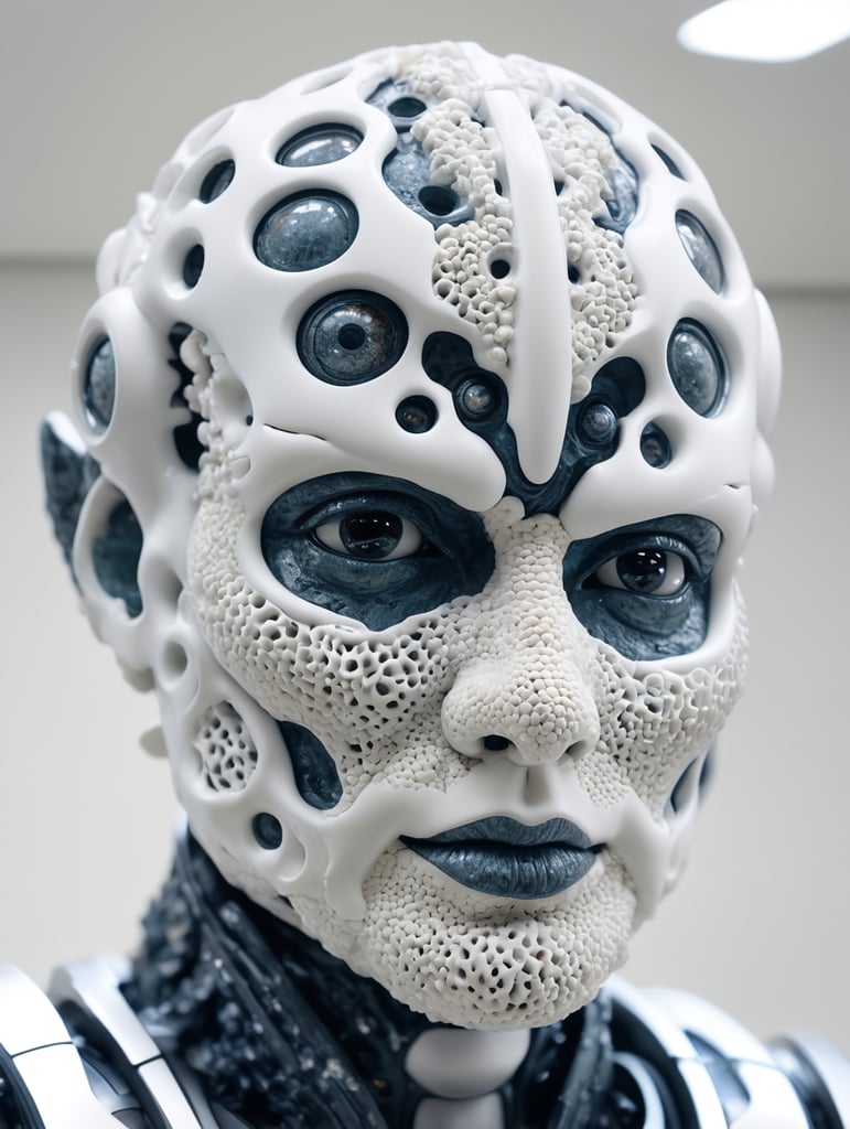 Raw photo, 8k uhd, dslr, soft lighting, high quality, film grain, Fujifilm XT3, RAW distant satellite photo of a sculpture of a sponge organism resembling a ((synthetic hollow cyborg pixie)), skinless face, perforated marble porcelain, (people inside), breathtaking, dynamic pose, ((white background)), (sharp focus, hyper detailed, highly intricate), natural lighting