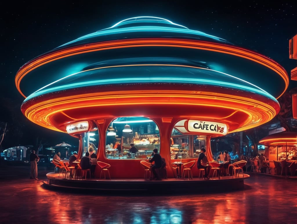 futuristic ufo cafe, mars, wasp shape, an night, neon, glass