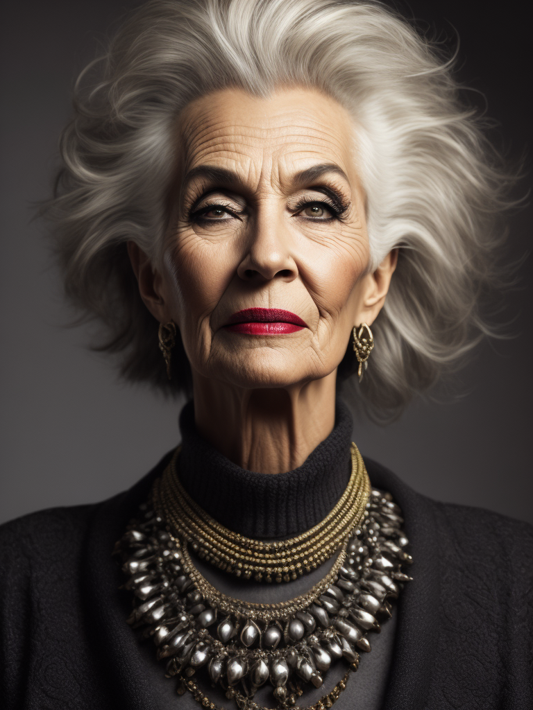 A 70yr old supermodel with bright dramatic make-up and wild hair, beautiful pores and skin texture, detailed high resolution image, grey hair, Dior makeup, award winning fashion editorial image