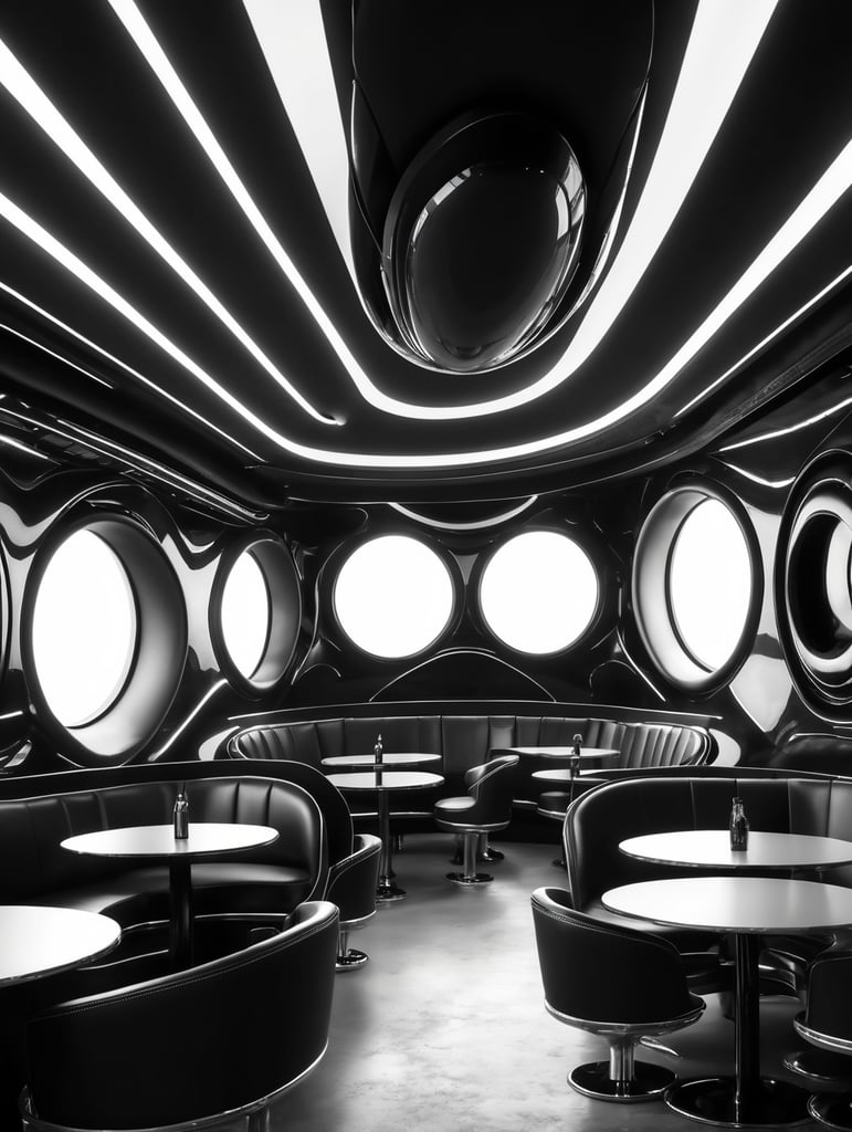 Futuristic interior of UFO cafe. Alien interior, black tones