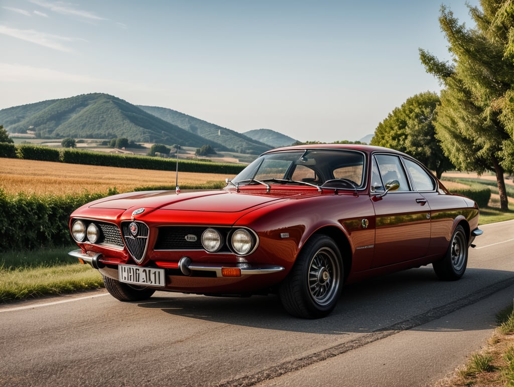 Envision futuristic 2050 version of a red 1970's Alfa Romeo Giulia - GT 1300 on a beautiful Italian countryside road