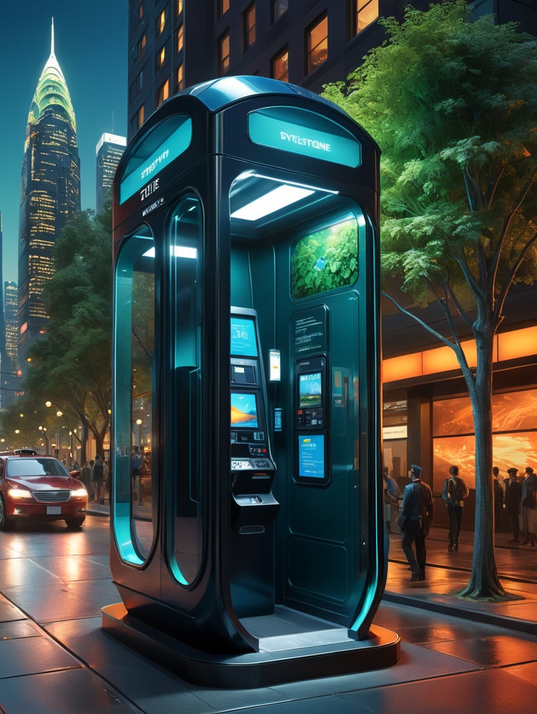A sleek, state-of-the-art telephone booth with cutting-edge technology and solar power integration, presented through a professional digital illustration style. In the spirit of concept artist Syd Mead, this image showcases a futuristic, cityscape backdrop. The booth exudes minimalism and sophistication with its clean lines and advanced touchscreens. The color palette is a mix of cool, futuristic blues and vibrant, eco-friendly greens. Facial expressions are determined and focused, bathed in the glow of a digitally enhanced atmosphere, demonstrating the embodiment of professionalism in modern technology. --v 5 --stylize 1000