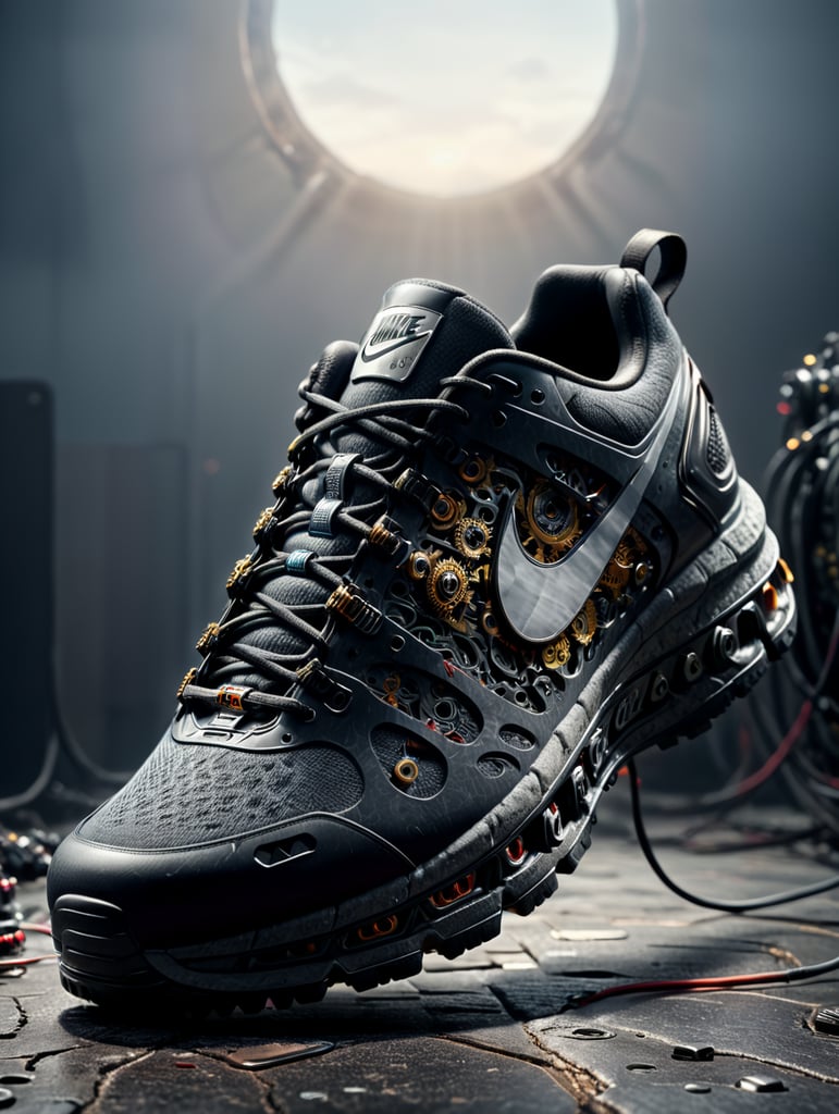 Nike sneakers made out gears, wires, mechanical, electronics, pcb, hyper-realis, futurist, stunning unreal engine render, product photography 8k, hyper-realistic. surrealism