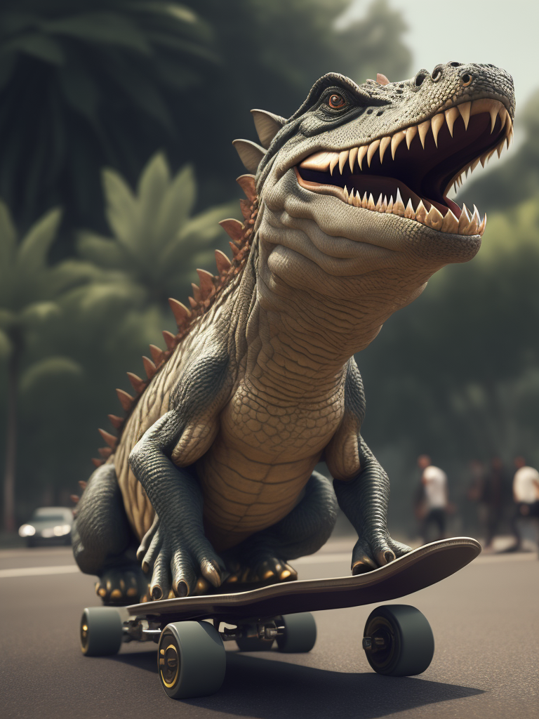 crocodile wearing sneakers, shorts, rides a skateboard, Depth of field, Incredibly high detail