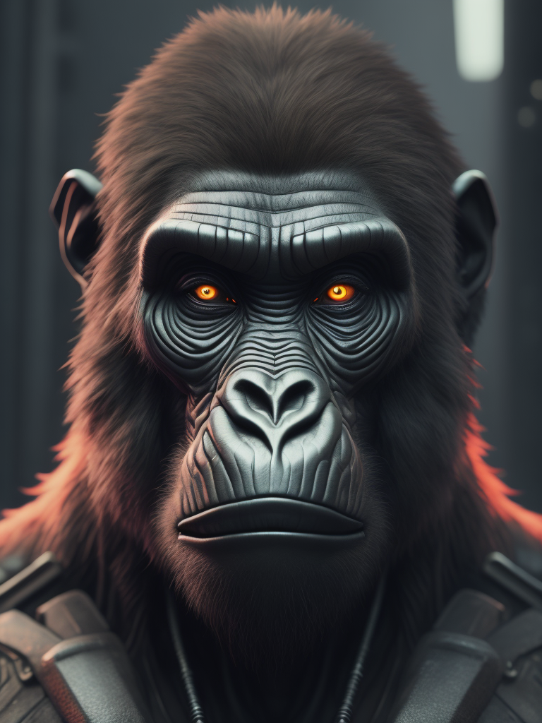 cybernetic gorilla, hyper-realistic, cyberpunk style, sharp on details,