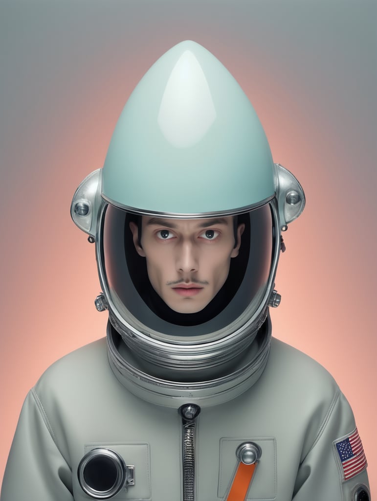 fashionable portrait of space rocket Scary ghost, frightening appearance, suffering, Soviet Union, pastel colors, Bauhaus forms, pale, vantablack, neon light, minimalistic design, futuristic, smooth forms, minimal details, givenchy, film still from Wes Anderson, photograph, vogue, photoreal, 200mm, HD, f 2.0, highly detailed, accurate, gray-tone