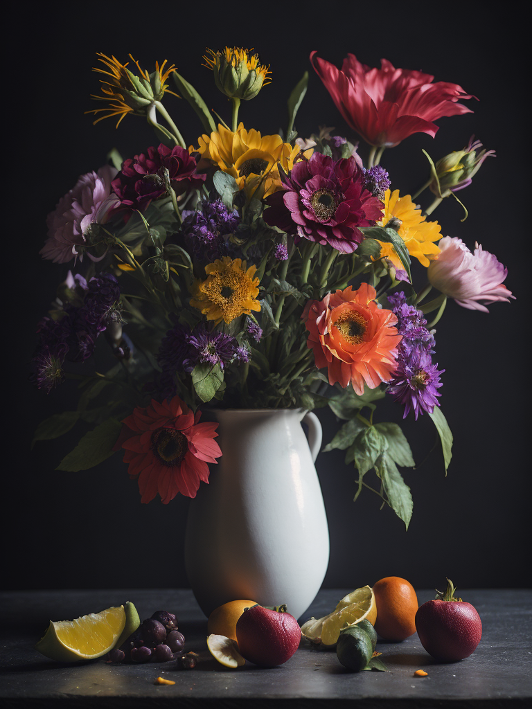 Craft a hyper-realistic still life painting showcasing a bouquet of exquisite flowers and fruits