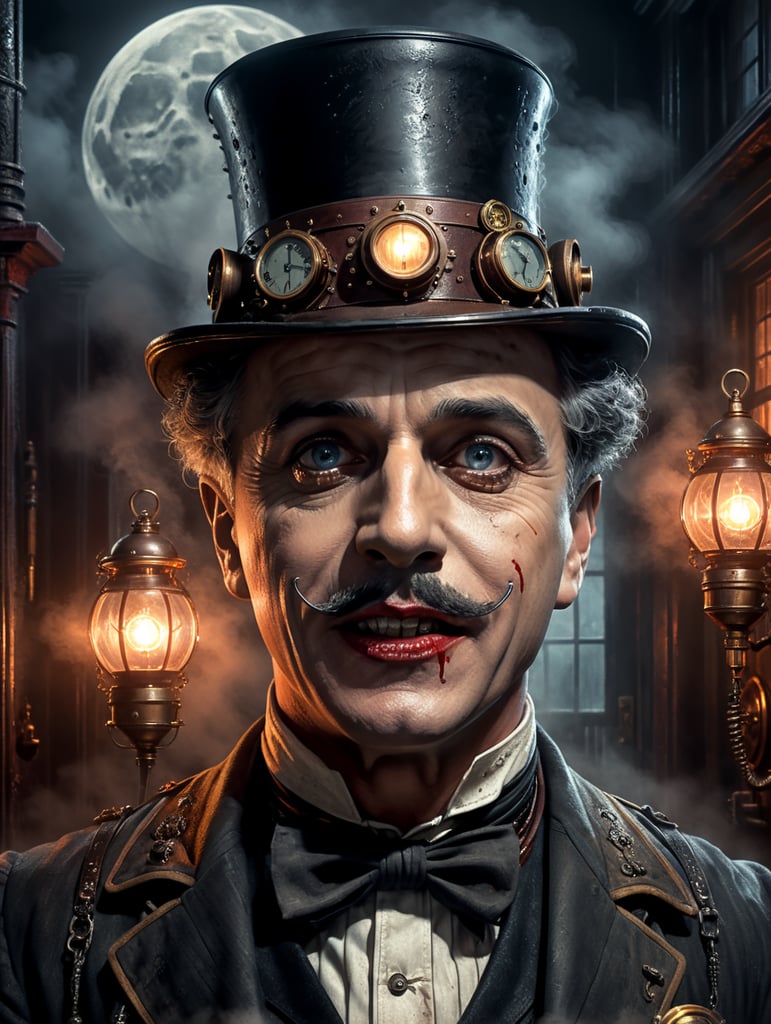 Portrait of Charlie Chaplin in a horror show with blood in a steampunk house with night moon lighting and fog