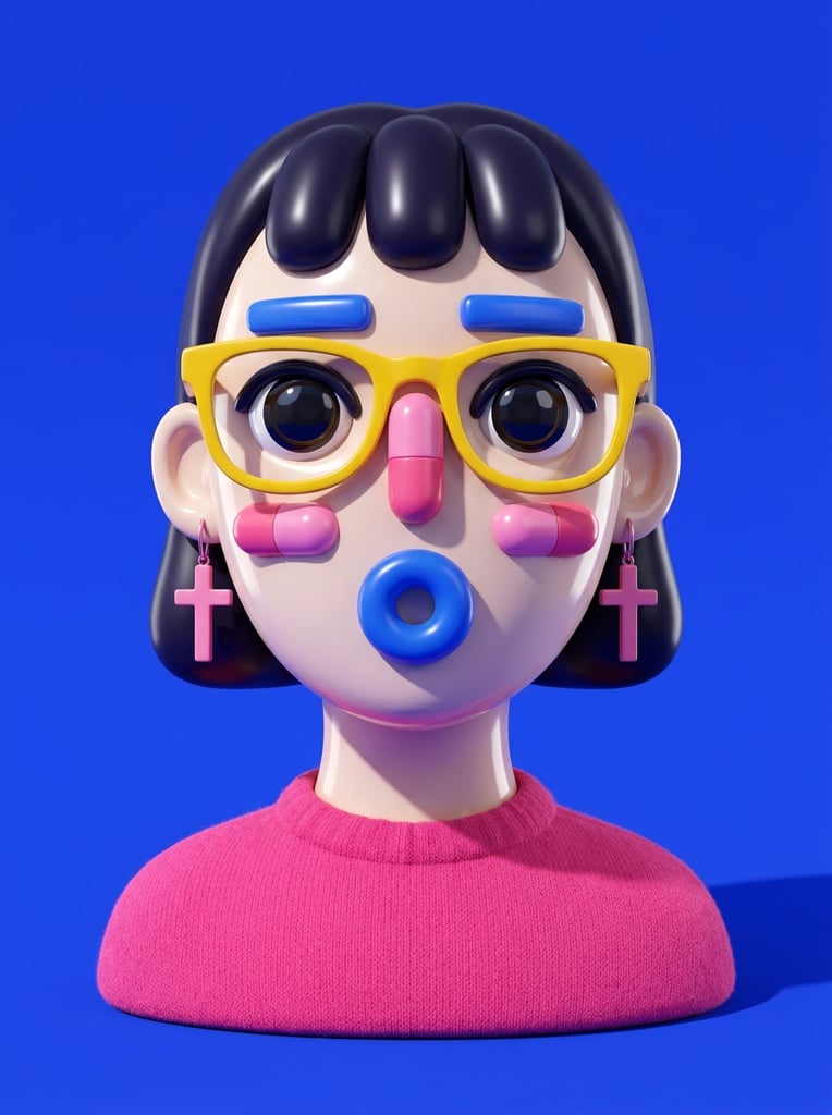 stylized 3D bust of a quirky character, glossy pale plastic skin, dark hair with three pill-shaped bangs, thick bright blue eyebrows, oversized yellow-rimmed glasses, large dark eyes, elongated pink pill-shaped nose, pink pill-shaped blush marks on each cheek, protruding blue donut-shaped mouth, pink cross-shaped earrings, matte textured hot pink sweater, solid vibrant royal blue background, vivid pop-surrealism design, extreme high-contrast color blocking, reflective facial elements contrasting with soft fabric, bright crisp studio lighting, sharp cast shadow