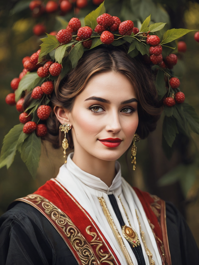 Portrait of a Beautiful women from Russian fairytale wearing traditional costume around bunches of rowan