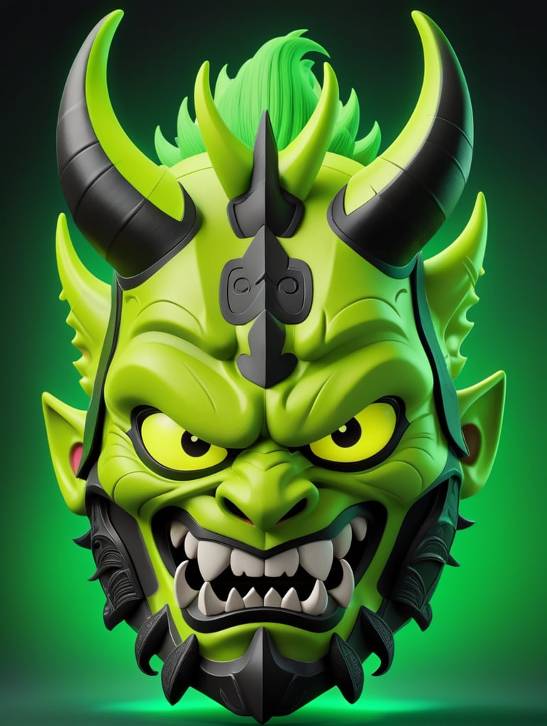 Illustration of a demon mask, demon samurai mask, oni mask, neon green oni mask, samurai mask, samurai, demon samurai, demon samurai warrior, oni horns, cartoon, 3d render, soft shadows, cartoon, pixar, videogame character, neon green and black, close up