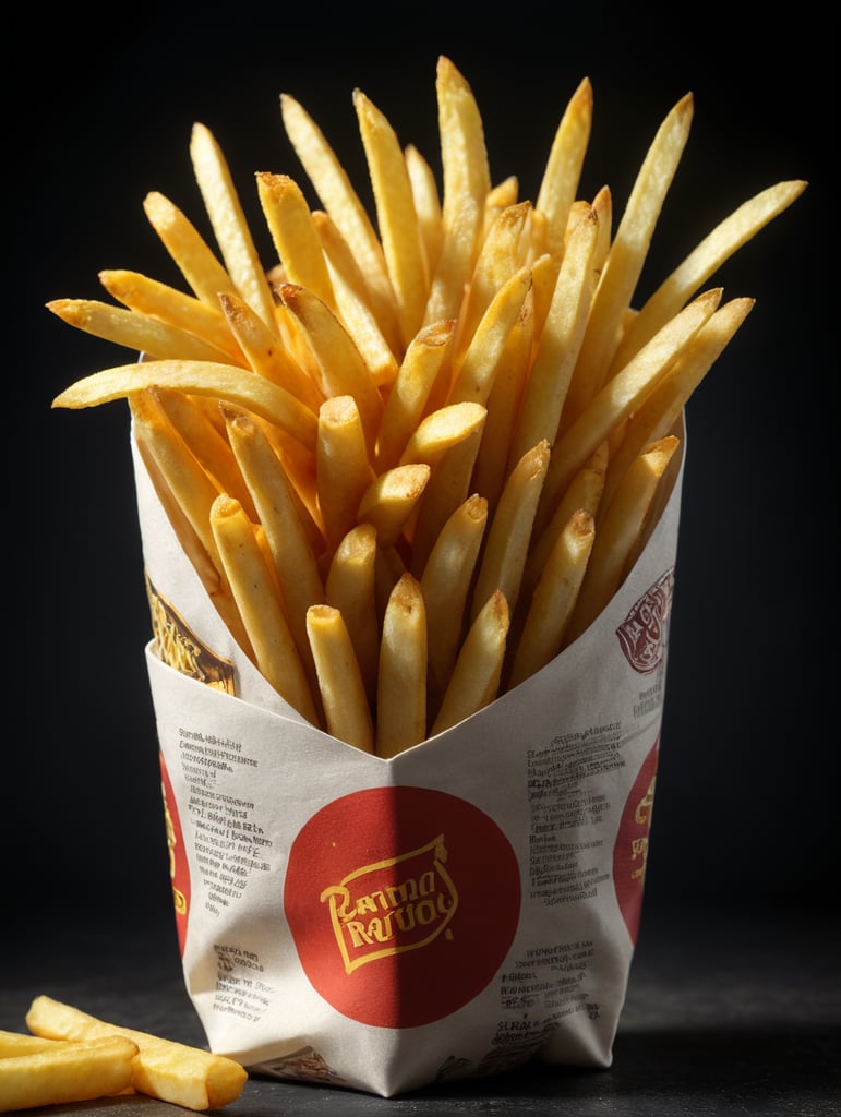 3d wrap with french fries, side view, with white background