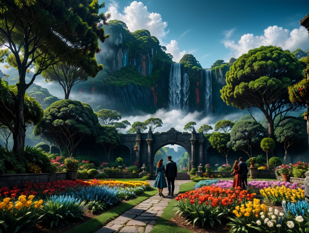 um casal de pé, abraçado em meio a um jardim florido e com arvores. Ao fundo uma fonte de água jorrante, percebe-se um céu azul com poucas nuvens. os dois estão muito felizes