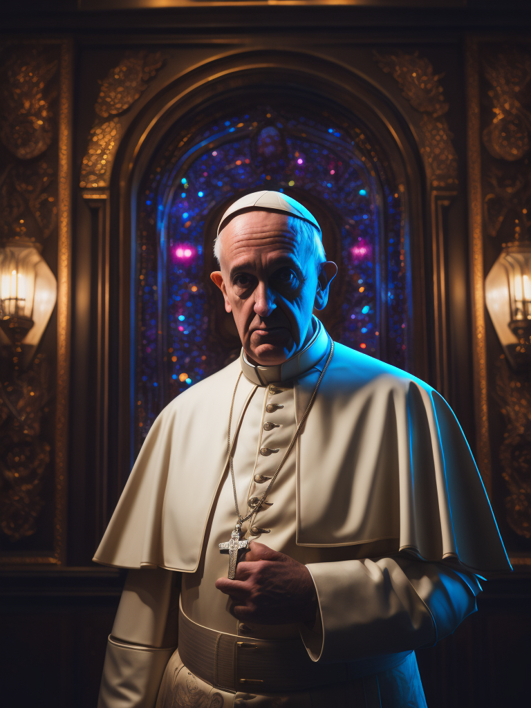 pope francois in front of a night club dressed as a bouncer ultra-realistic