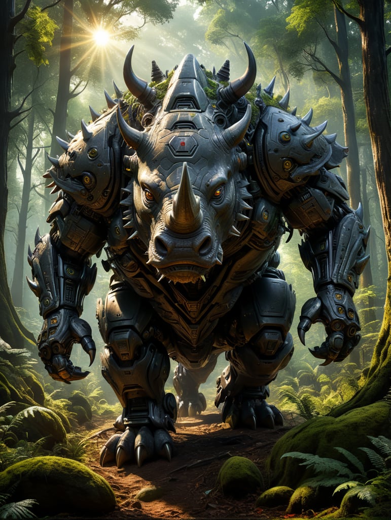 alien robotic RHINO, in a forest, beautiful, masterpiece, natural landscape, sun illuminating everything, sharp, realistic, detailed, centered, 16k