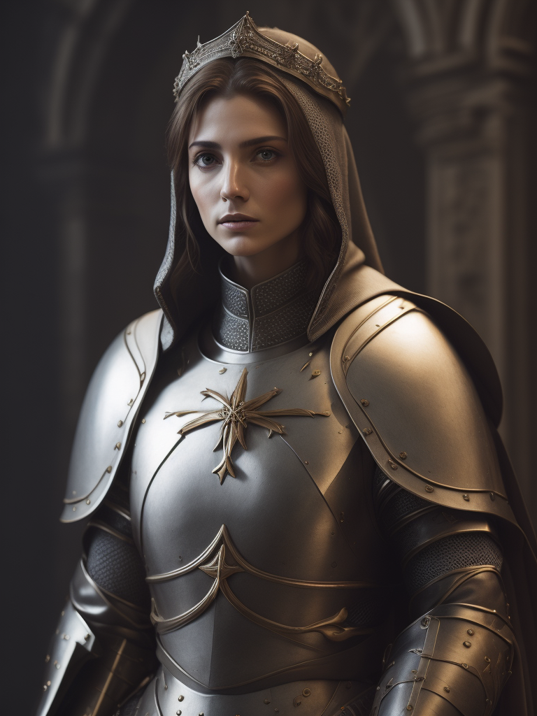 Joan of Arc, Medieval France, Petite and Lean, Armor with a White Surcoat and Cross, Adobe Photoshop, Realistic Digital Painting, Historical Portrait, High Resolution, Warm Candlelight, Symbolic Art, Brave, Resolute Expression, Inspirational Atmosphere