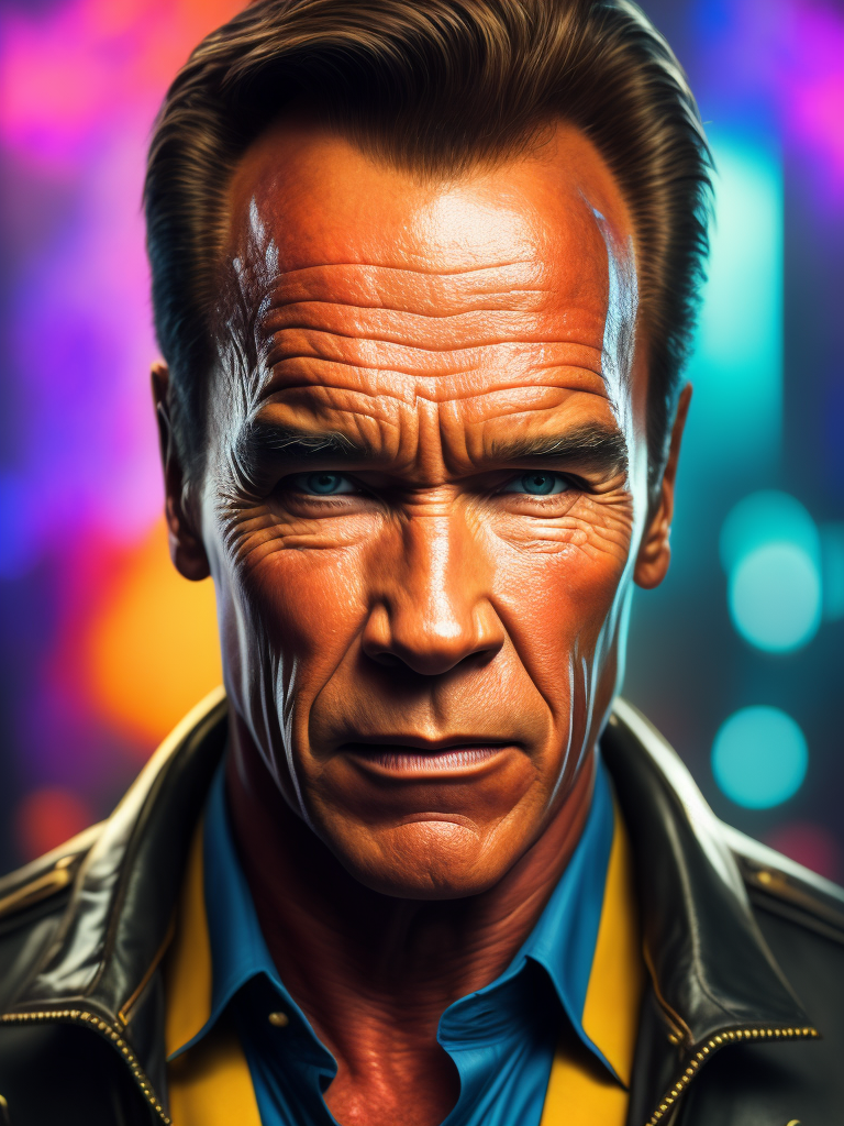 Portrait of Arnold Schwarzenegger, bright and saturated colors, elegant, highly detailed, vogue, fashion magazine, sharp focus, bright expressive makeup, dramatic lighting, depth of field, incredibly high detailed, blurred background