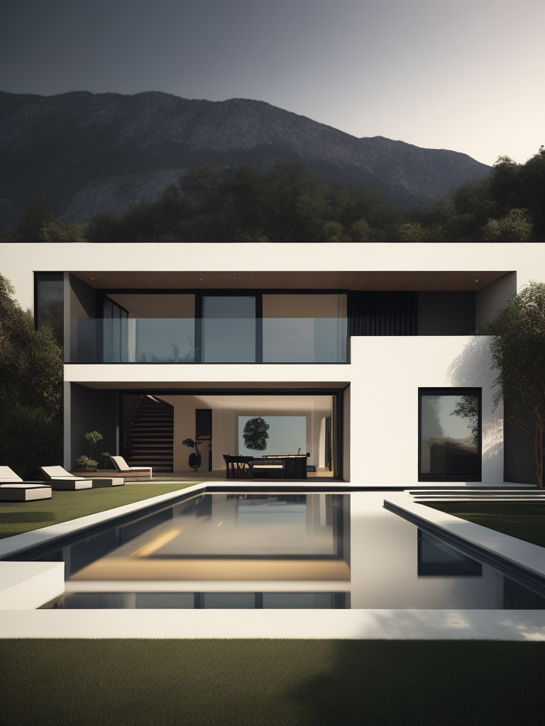 A stunning modern mansion, with clean lines and minimalist design that emphasizes the beauty of the surrounding landscape, featuring luxurious amenities that evoke luxury living and sophistication. Artists: Dario D'Ambrosio, Patricia Urquiola, Ole Scheeren, Cinematic Lighting