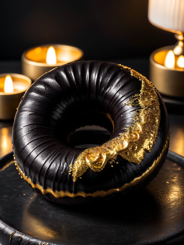 черный пончик покрыт золотом лежит на черном столе, черная комната, слабое освещение