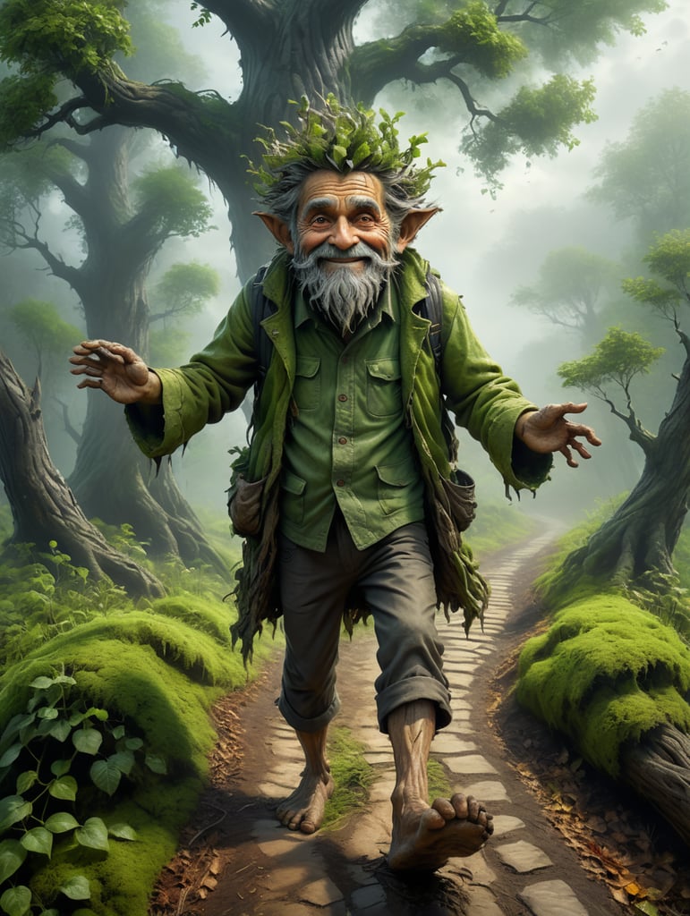 A tree in the shape of a very, very old, friendly, slightly smiling, small wood sprite, a baggy jacket made completely out of Ash leaves and baggy trousers made out of Ash tree bark. Arms raised up to the sky, green skin, bare human feet and untidy hair. Behind him just a misty path.