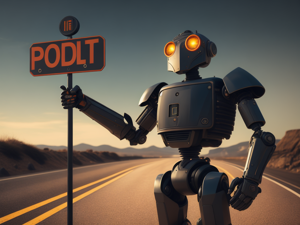 robot holding roadsign near crossroad