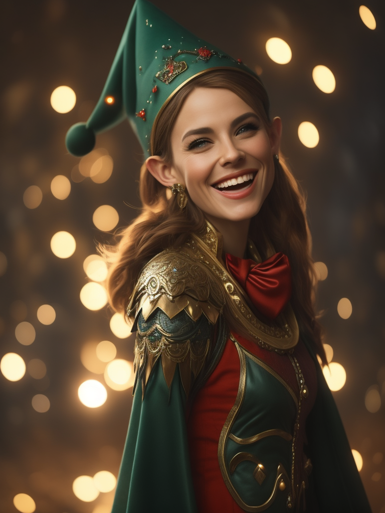 Please create a photo-realistic image of a Christmas elf, adorned in festive attire, smiling and dancing joyfully. The elf's outfit should be vibrant and detailed, capturing the essence of the holiday spirit. The expression on the elf's face should radiate happiness and merriment, with eyes sparkling with festive cheer. The elf's pose should convey movement and the joy of dance. The background of the image should be a solid, neutral color, ensuring the elf remains the primary focus and facilitating easy integration into other designs