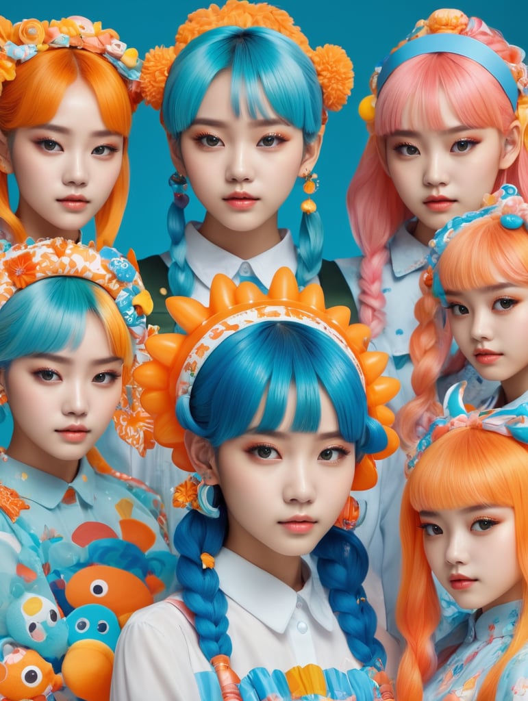 girls with toy characters and bright hair wearing colorful hair accessories, in the style of joong keun lee, multi-layered, dinocore, ren hang, pattern explosion, plasticien, light orange and light blue