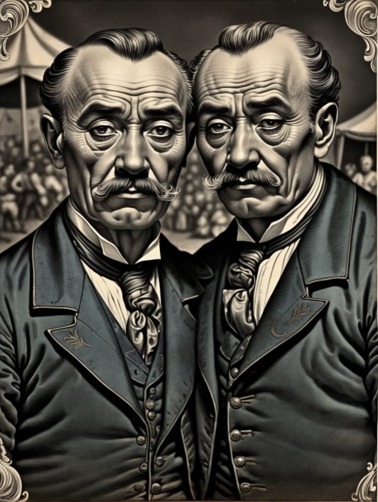 An old engraving by Hendrick Goltzius, postcard illustration, full body portrait, very old and sad siamese twins, standing alone in front of a circus tent