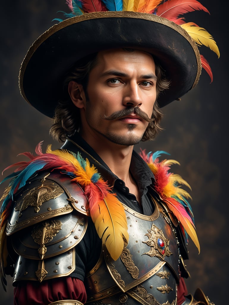 High resolution, high quality, high detail, soft lighting, cinematic lighting, realistic, DSLR, bokeh, studio quality, film grain, panorama, film grab of a young landsknecht wearing a large hat with colorful feather plumes, plate armor, black shirt, moustache, holding a very long sword, standing, simple background, 80s fantasy movie