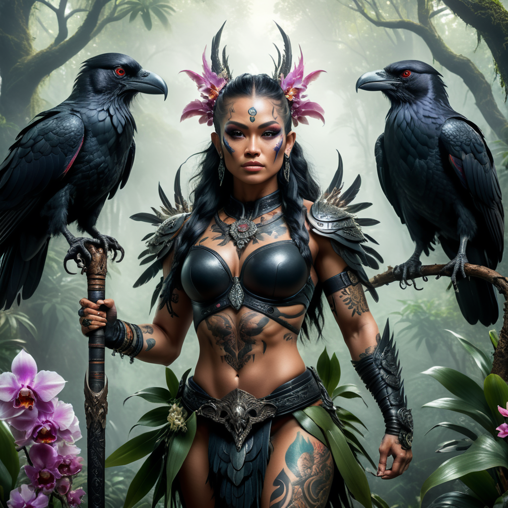 realistic full body shot of female warrior, tattooed, Raven deity with two arms and a raven Head, holding axolotls, long spear, orchids and snakes in trees. She has a Raven Head, powerful, feathers, dressed in tribal tattoos and scales, dramatic lighting, muscular, anatomical, sharp focus, attention to texture lush misty jungle. photo realistic, epic, filmic. Iridescent feather. intense colors shot with Fujifilm XF 56mm f 1.2 R Lens