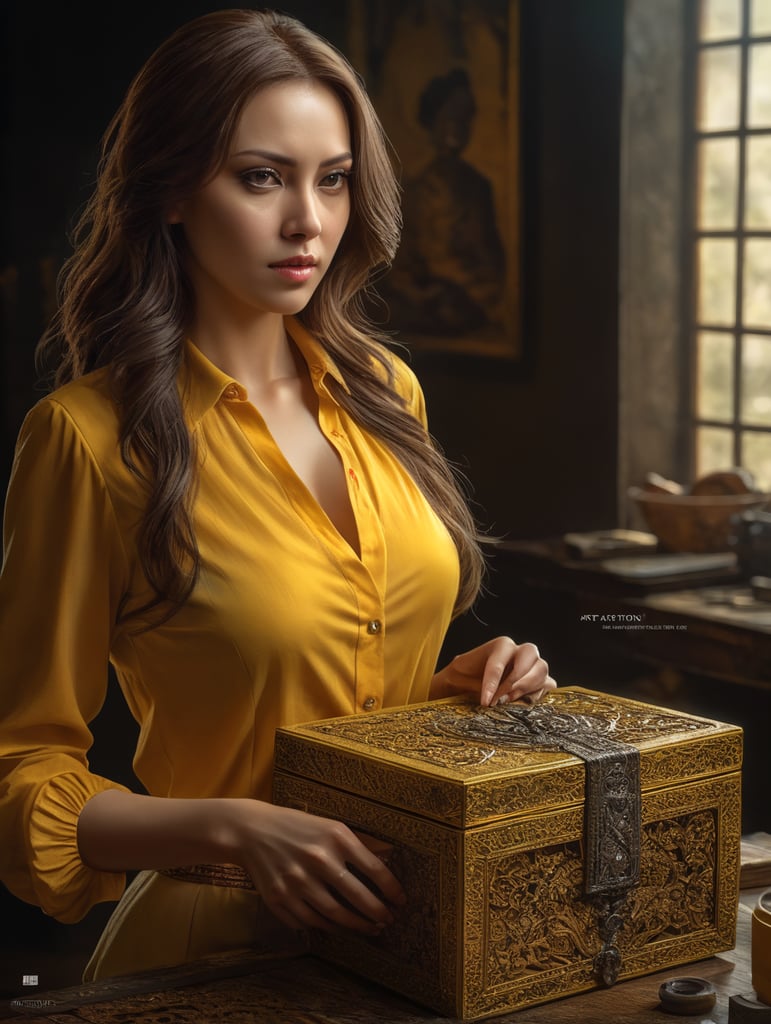 woman in yellow blouse shows a box
