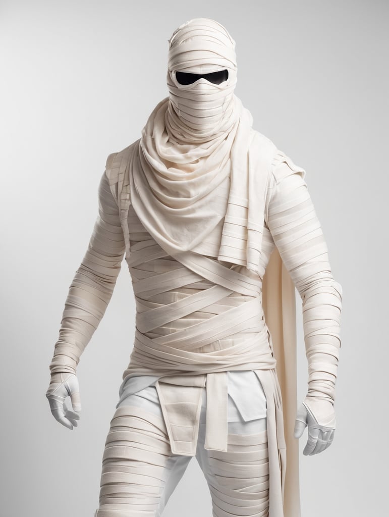 A photograph of mummy costume covered in bandages for a male character with fortnite style, halloween costume, white background, full body