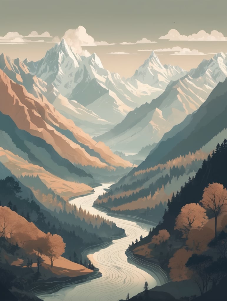 An epic landscape illustration inspired by the Romanticism art movement, showcasing majestic mountains in the shape of the Indian Map.