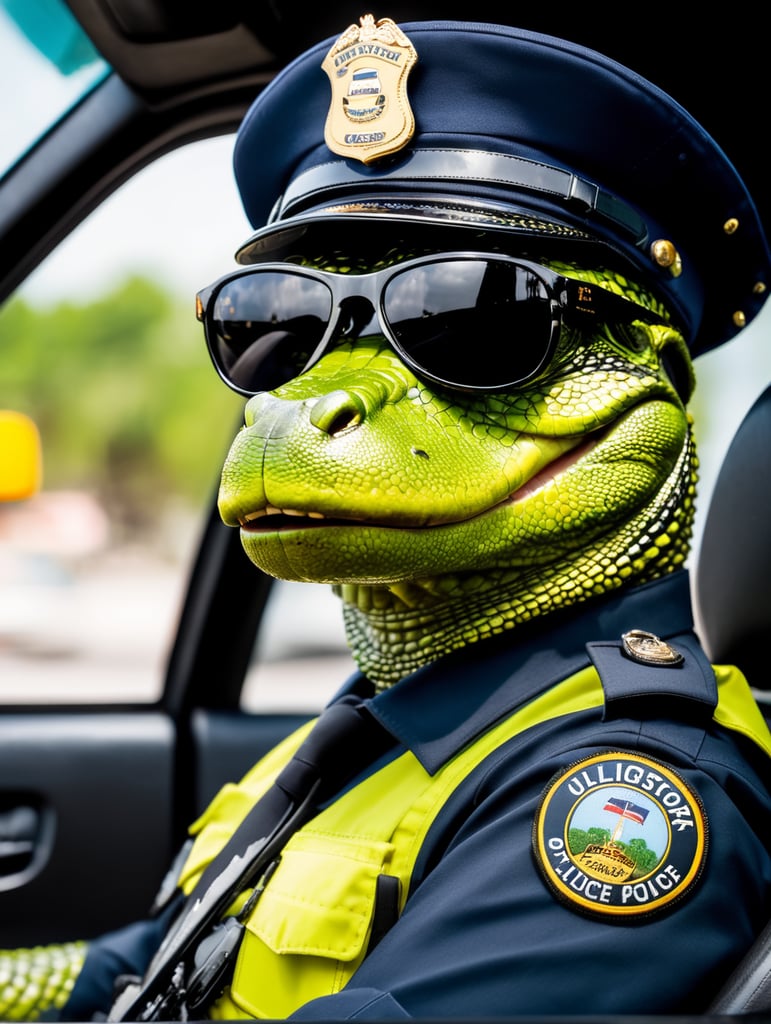 Alligator police officer, sitting behind the wheel of a taxi, close-up shot, sunglasses, clipart, stock photo