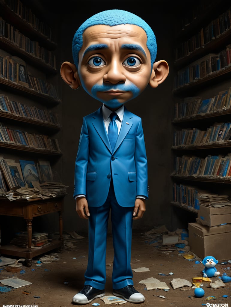 Barack Obama whole body and head painted with blue Doraemon. The image styled with Platon Antoniou photographer take a colour photo. Obama pose standing without expression. Just empty stare.