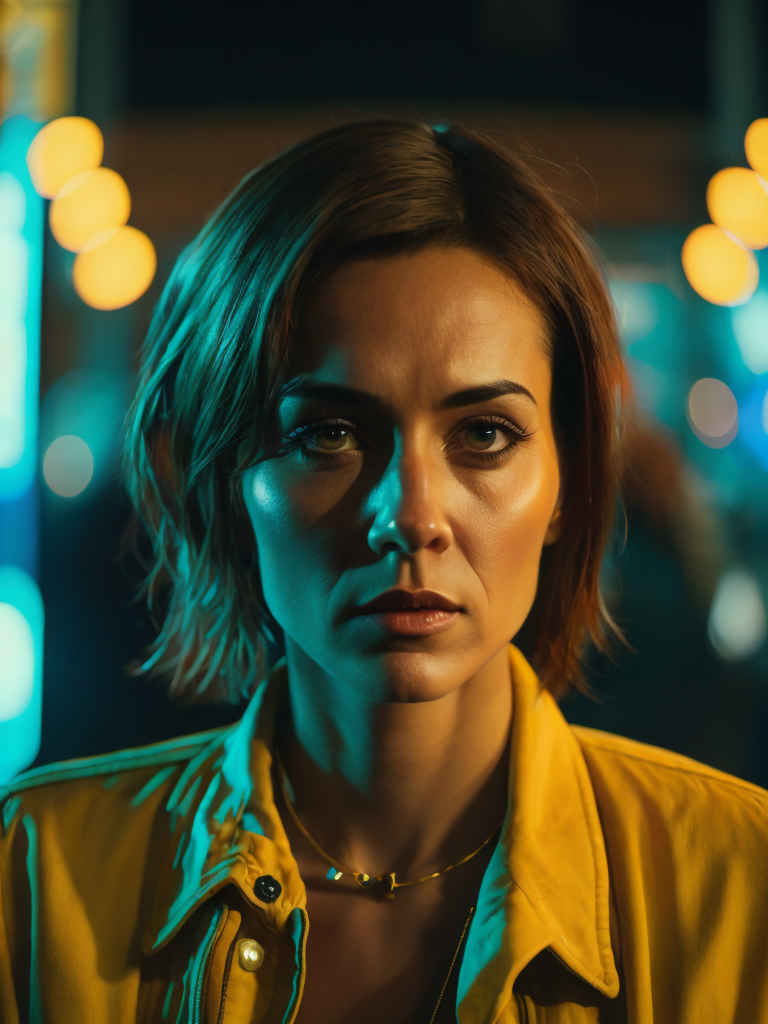 a women looks on the camera, yellow side lighting, focused gaze, canon 50 lens, focus on the face everything else is in blur, the blade runner scene.